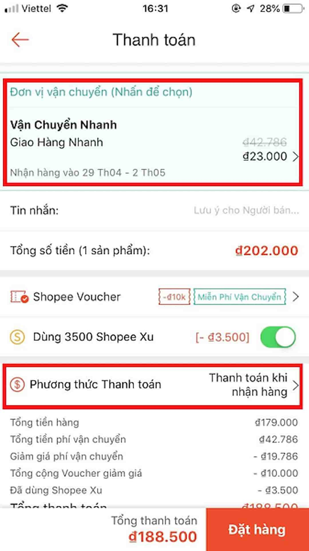 Chọn phương thức thanh toán và hình thức vận chuyển